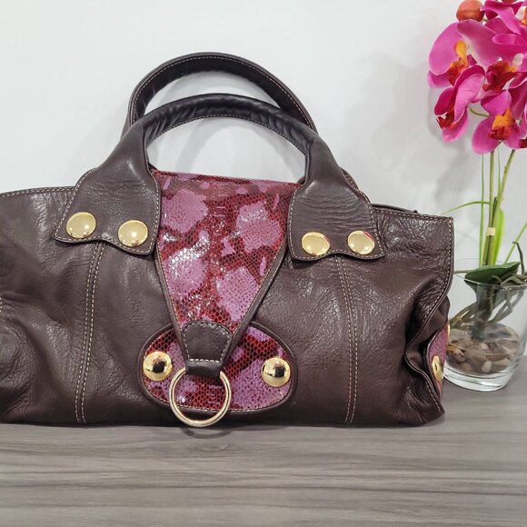 Gustto Setela Leather Satchel Brown w/ Magenta Python Accent - Picture 7 of 8